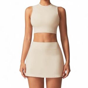 cream/tan top and skirt workout set